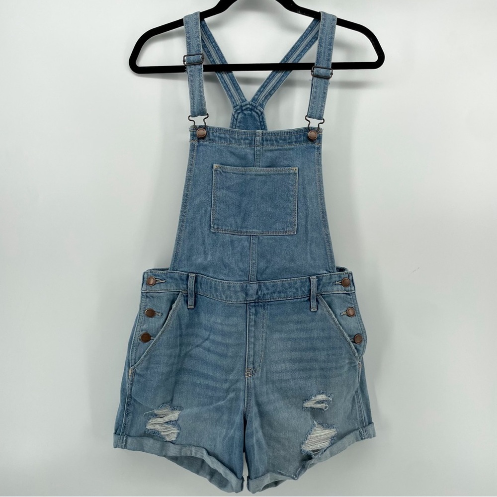 Hollister High-Rise Mom Short Overall 4” Vintage Stretch Blue Denim M